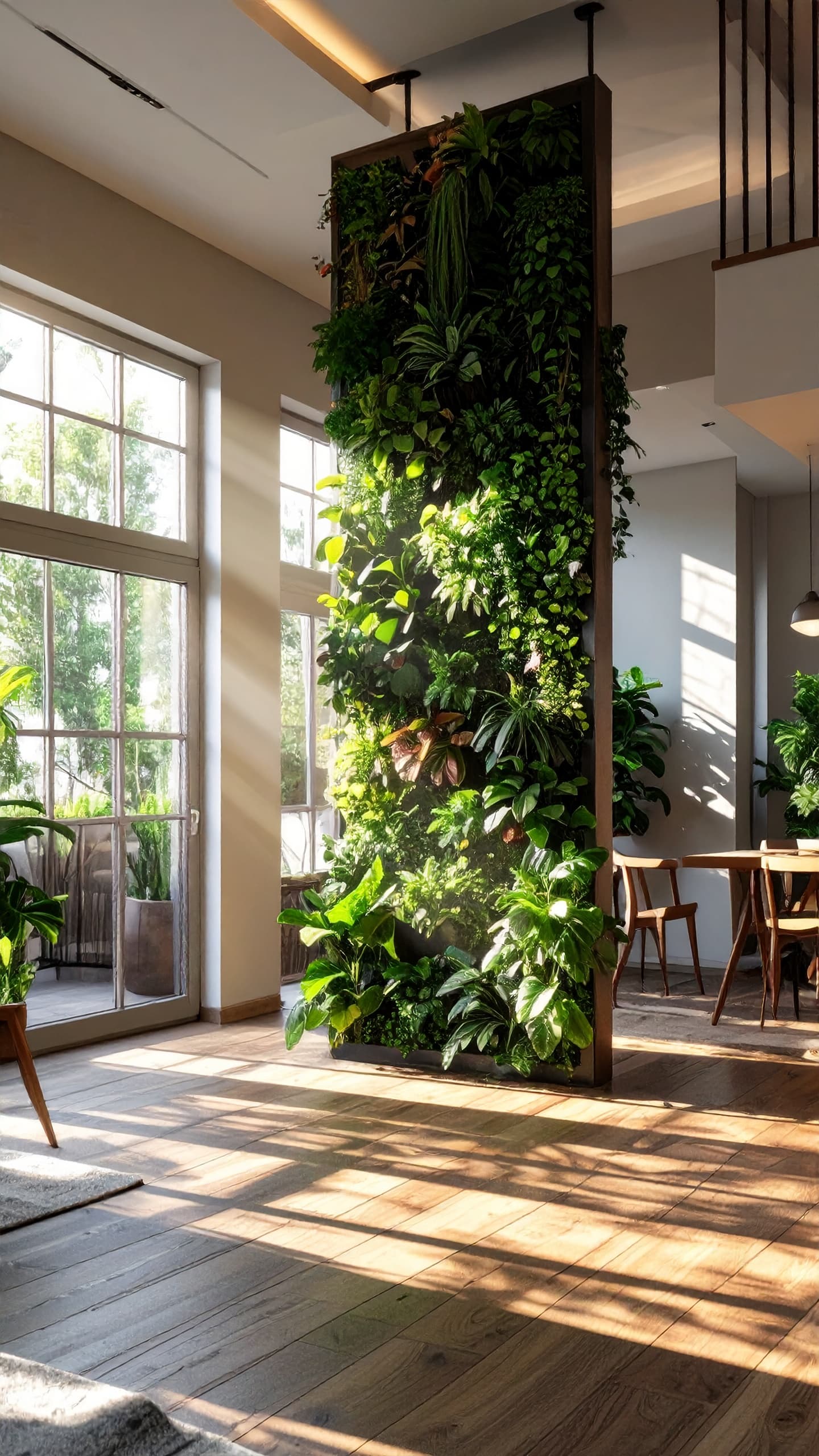 Living room featuring lush green plant wall as natural room divider