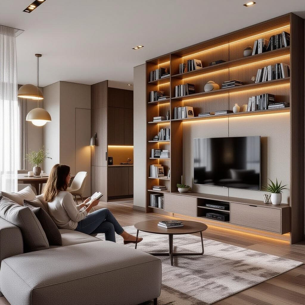 Large bookshelf room divider with integrated TV mount and storage