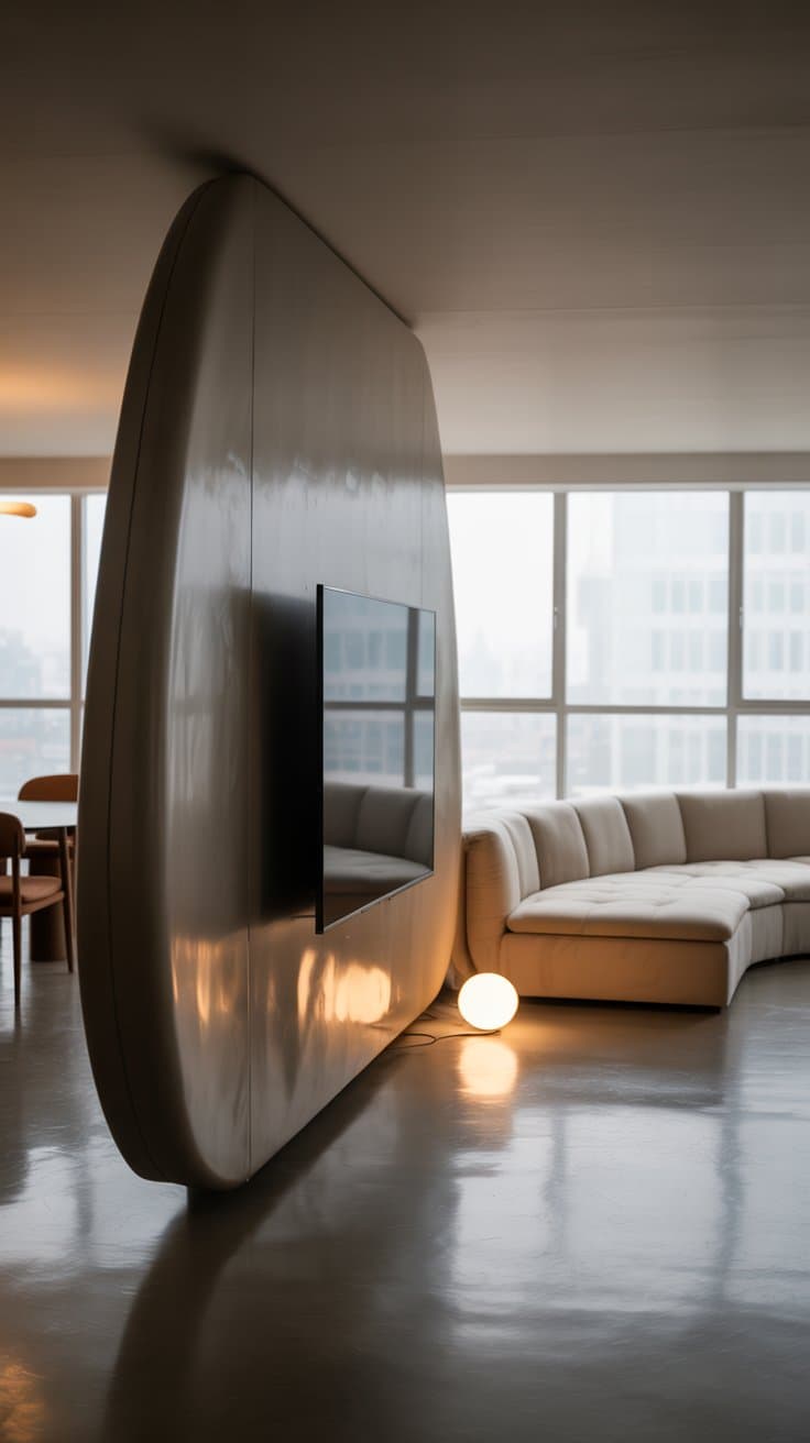 Curved TV feature wall divider with smooth lines and integrated lighting