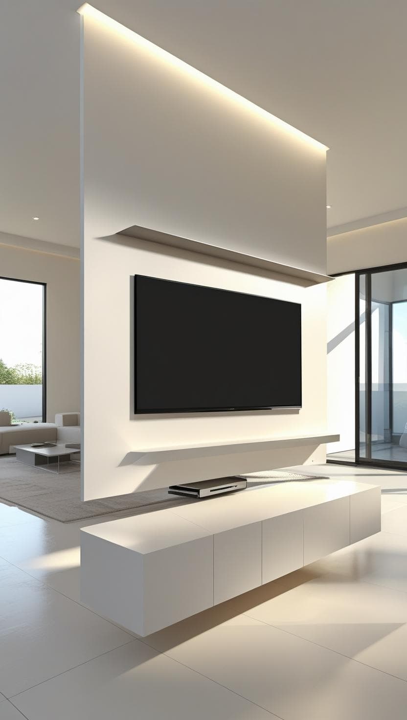Sleek floating TV panel divider mounted from ceiling in modern living room