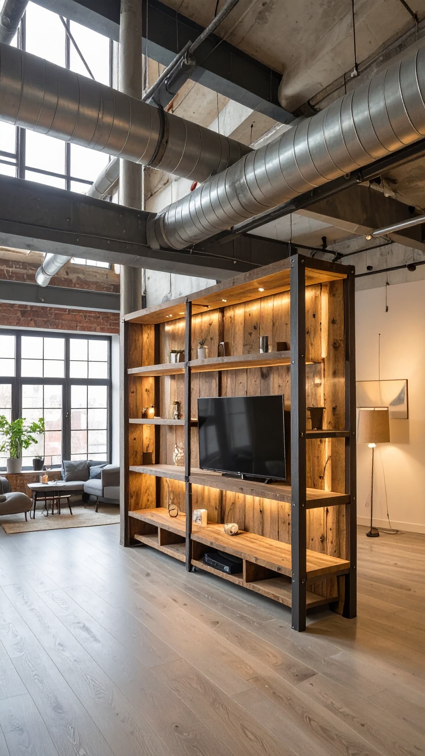 Industrial style pipe and wood TV divider unit with rustic finish