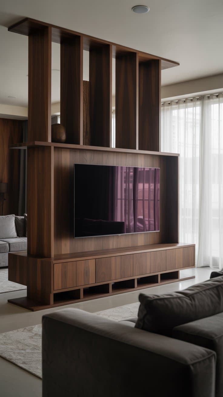 Multi-level TV console divider with varying heights and storage compartments