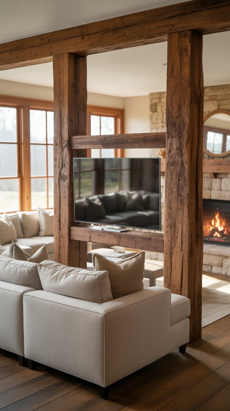 Rustic wood beam TV divider with natural finish and integrated shelving