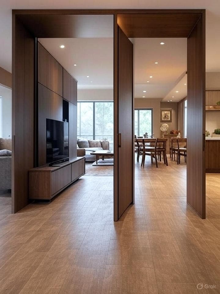 Sliding door TV cabinet divider with hidden storage and modern hardware