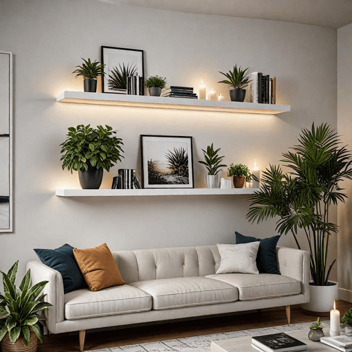 Floating shelves with decor items on living room wall