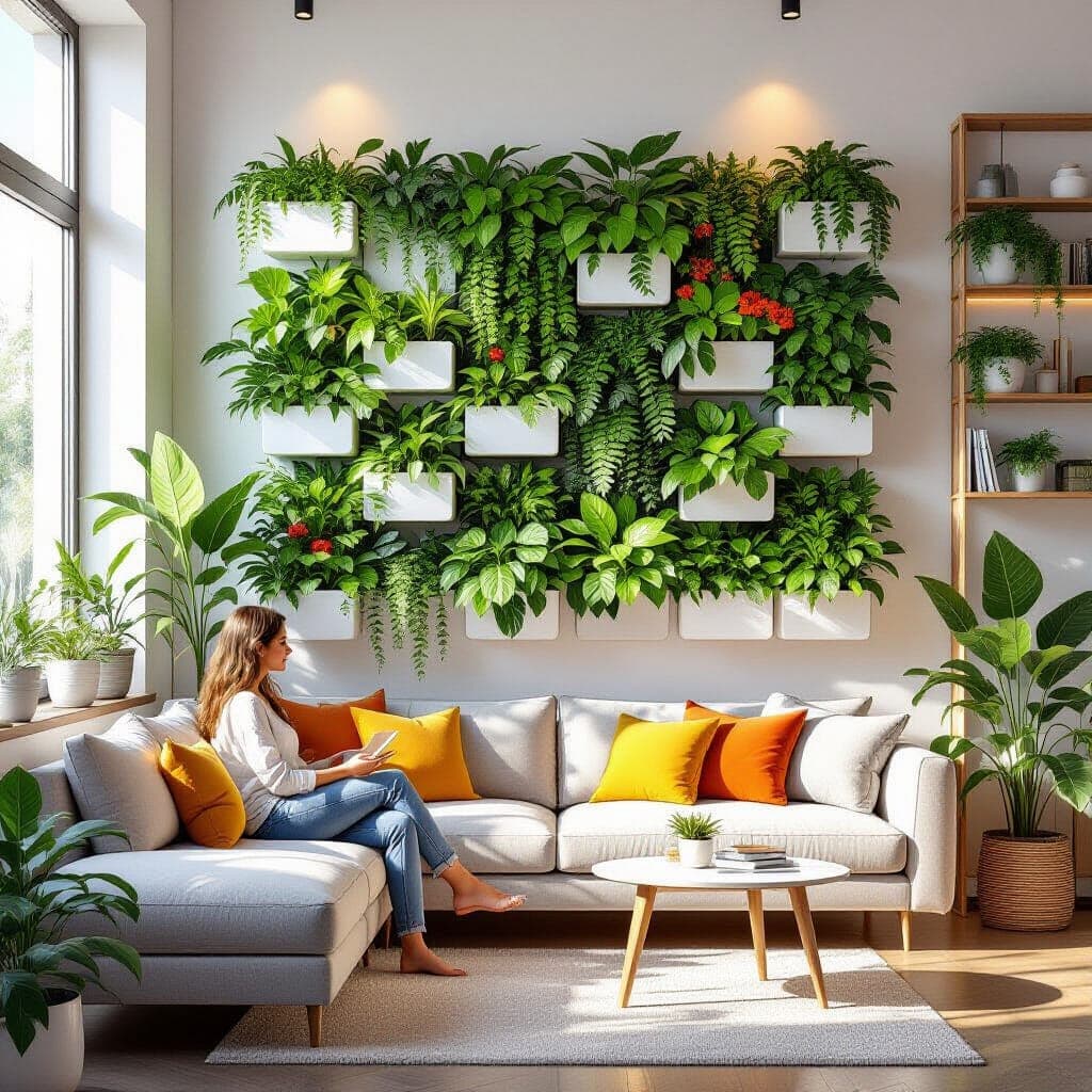 Living wall garden with plants in living room