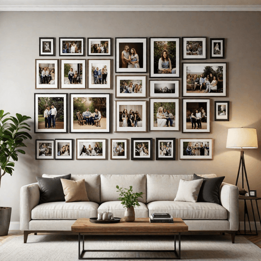 Mixed photo frames displaying family photos on living room wall