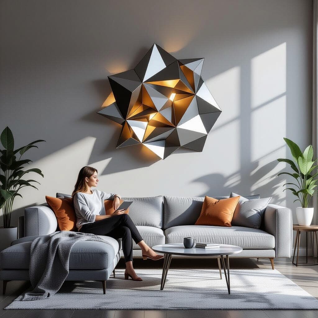Sculptural wall art installation in living room