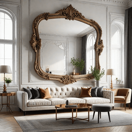 Large statement mirror on living room wall