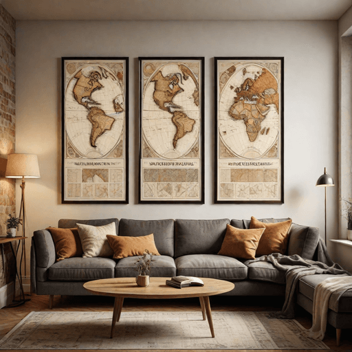Vintage maps framed on living room wall