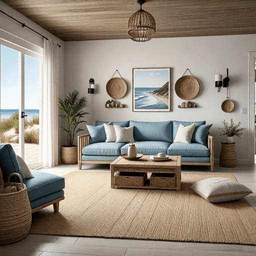 Light blue linen sectional sofa in coastal themed living room with natural textures