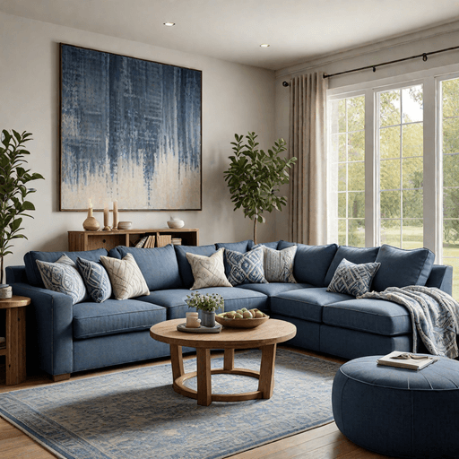 Casual denim blue fabric sectional sofa in relaxed family living room setting