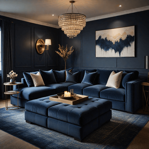 Deep midnight blue corner sectional sofa in moody sophisticated living room