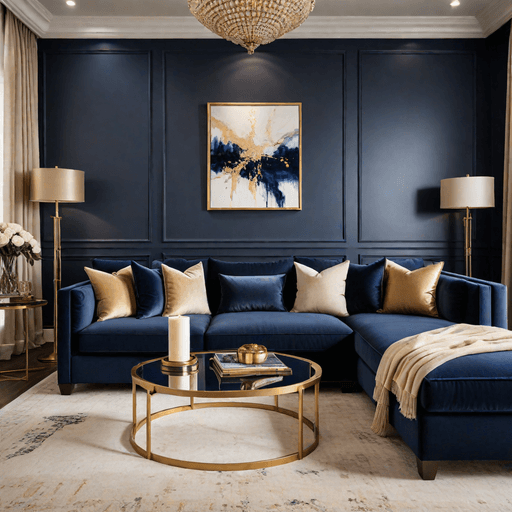 Navy velvet sectional sofa with gold accent pillows and coffee table