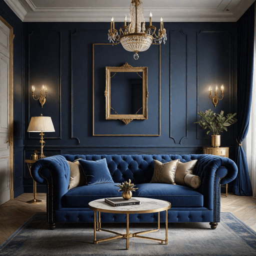 Deep royal blue velvet Chesterfield sofa with button tufting in elegant living room