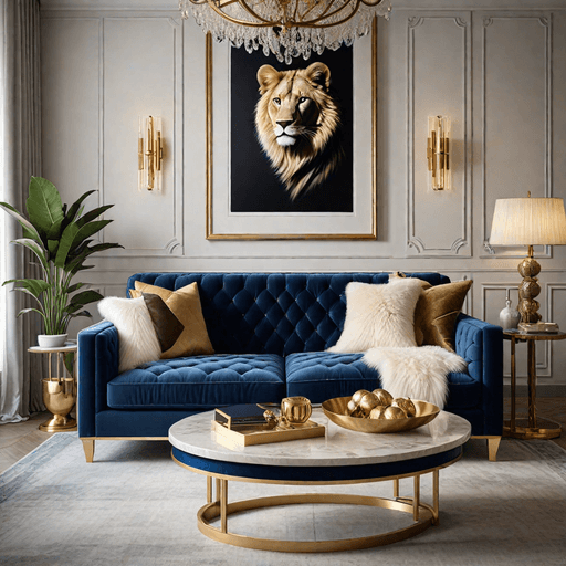 Rich sapphire blue velvet sofa with luxurious texture in sophisticated living room