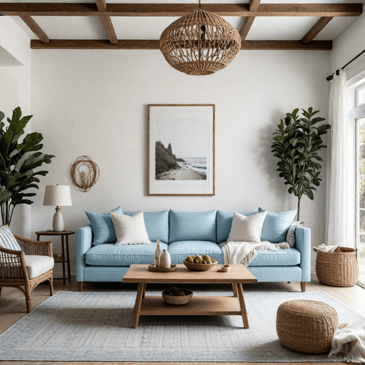 Light sky blue slipcovered sofa in bright airy living room with white walls