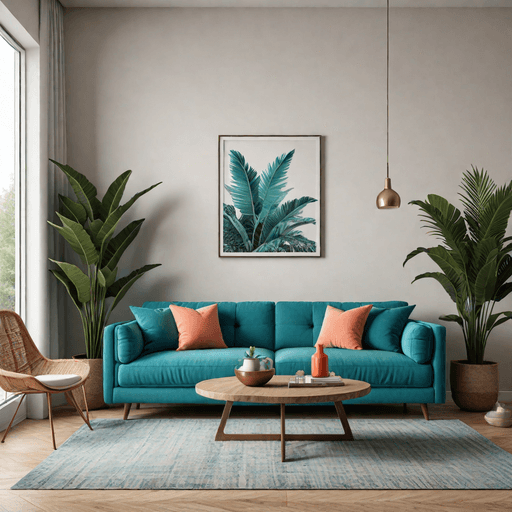Bright turquoise blue accent sofa as focal point in neutral contemporary living room