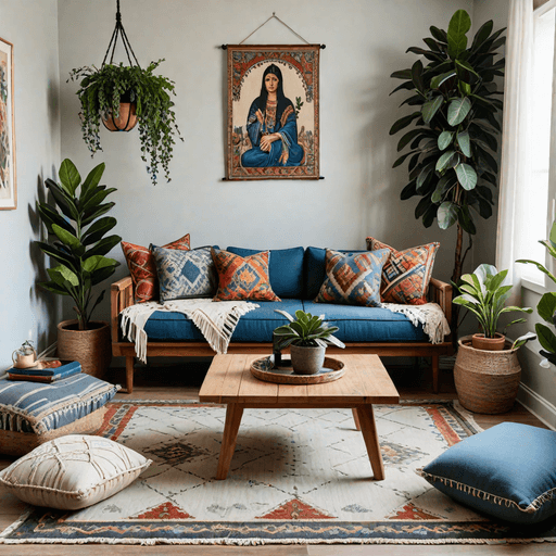 Bohemian living room with blue gray floor cushions and low seating