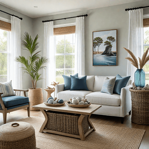 Coastal living room with blue gray loveseat and ocean-inspired decor