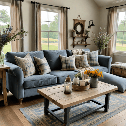 Cozy farmhouse living room with blue gray sofa and vintage decor