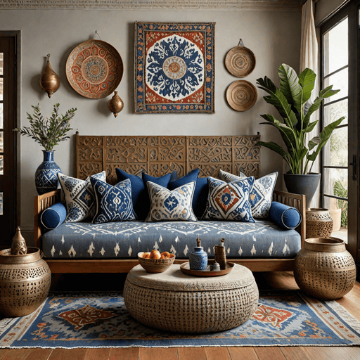 Eclectic living room with blue gray daybed and global decor