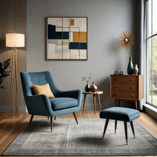 Mid-century modern living room with blue gray accent chair