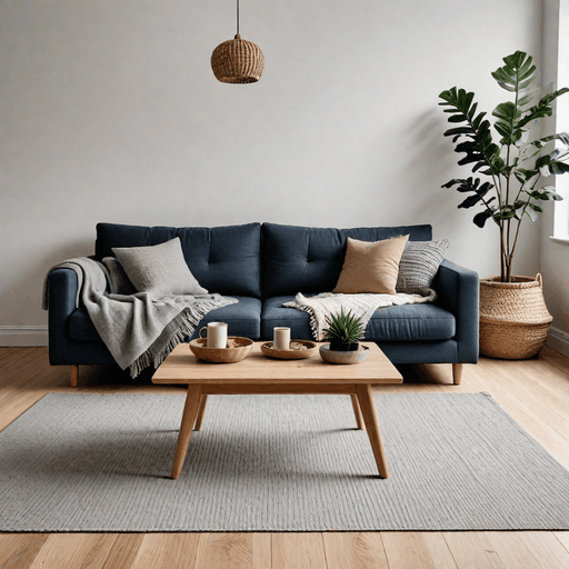 Scandinavian minimalist living room with blue gray sectional