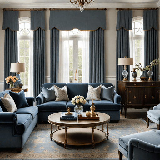 Traditional living room with blue gray camelback sofa