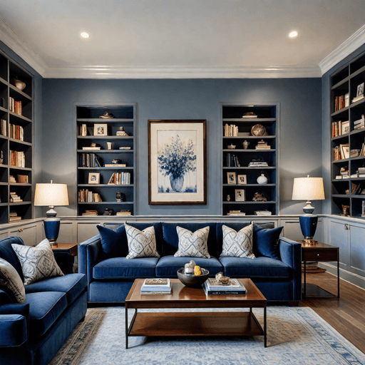 Transitional living room with elegant blue gray sofa