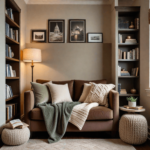 Cozy brown velvet loveseat in reading nook with bookshelves