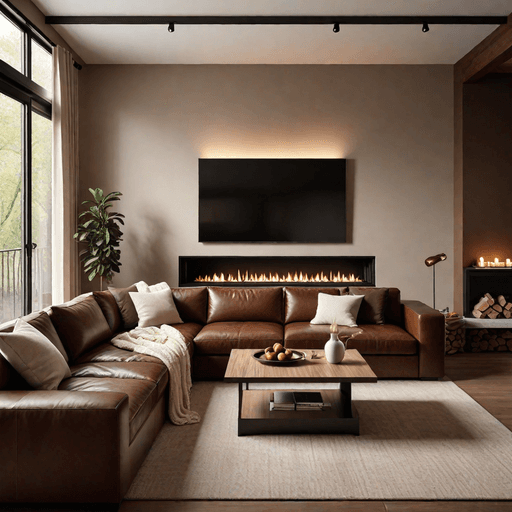 Luxurious chocolate leather sectional in modern living room