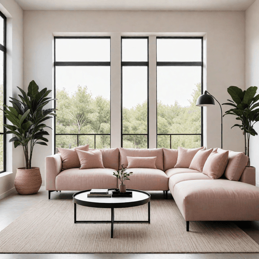 Modern tan sectional sofa in minimalist living room with white walls