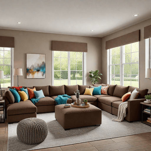 Large brown sectional sofa in family room with ottoman and cozy blankets