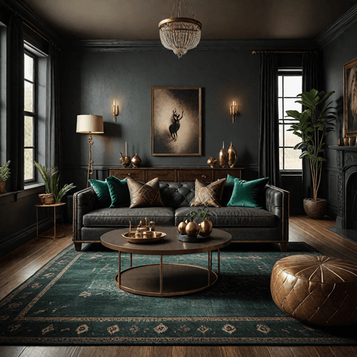 Rich espresso brown sofa in dramatic dark living room with moody lighting