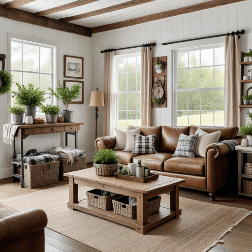 Rustic brown leather sofa in farmhouse living room with shiplap walls