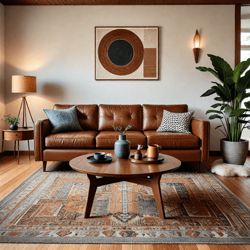 Sleek brown leather sofa in mid-century modern living room with wooden furniture