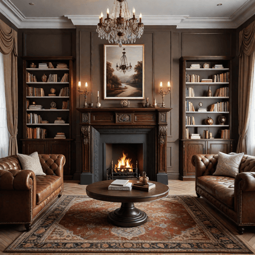 Vintage brown Chesterfield sofa in elegant living room with traditional decor
