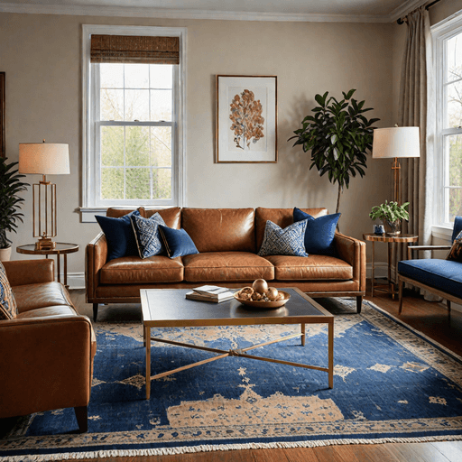 Warm cognac brown sofa with brass accent table and lighting