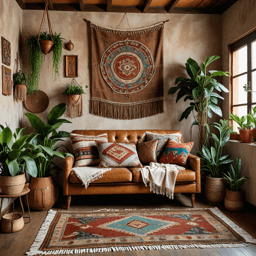 Vintage brown leather sofa in bohemian living room with colorful textiles and plants