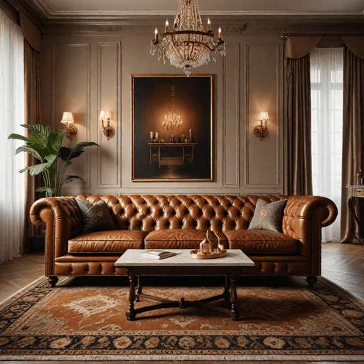Classic cognac leather Chesterfield sofa in elegant living room