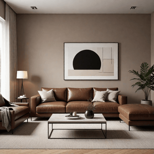 Sleek brown leather sofa in contemporary minimalist living room with clean lines