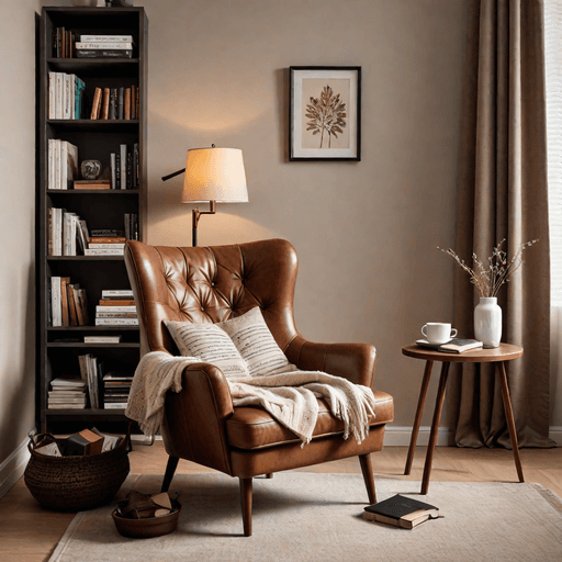 Brown leather armchair in cozy reading nook with bookshelf and warm lighting