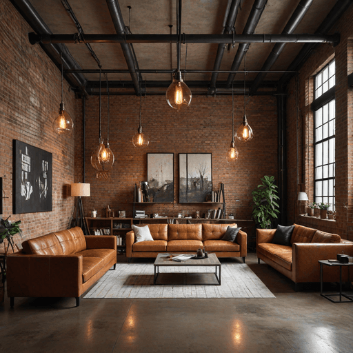 Caramel brown leather furniture in industrial loft with exposed brick walls