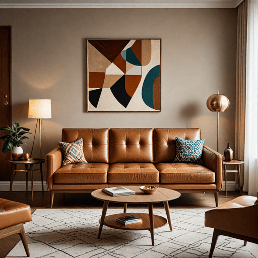 Tan leather mid-century modern sofa with wooden legs in retro living room