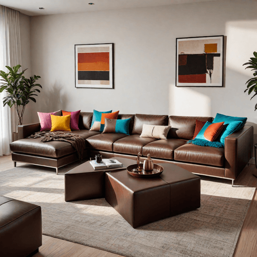 Large chocolate brown leather sectional in contemporary living room