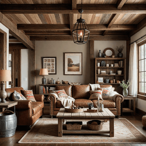Distressed brown leather sofa in cozy farmhouse living room with wooden beams