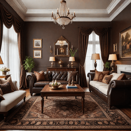 Dark brown leather sofa in traditional living room with rich wood furniture