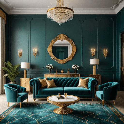 Art Deco living room featuring peacock blue Chesterfield sofa with gold accents