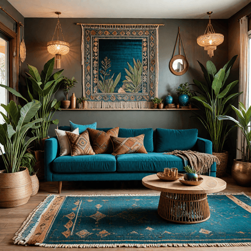 Bohemian living room featuring teal blue sectional with eclectic decor and plants
